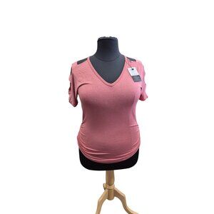 Womens Large Pink V-Neck Cutout Sleeve Top Medium Rayon/Spandex Blend